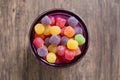 Colorful jujubes in glass bowl top view Royalty Free Stock Photo