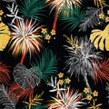 Colorful Jungle Botanical seamless pattern with dark tropical palm trees ,plants and leaves Illustration in hand drawn Hawaiian