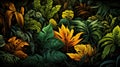 A colorful jungle scene with lots of plants, AI