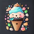 colorful, kawaii chibi iceream on pale black paper, very detailed illustration, sketch, concept art, ink outlines, smooth, AI Royalty Free Stock Photo