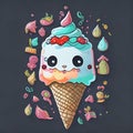 colorful, kawaii chibi iceream on pale black paper, very detailed illustration, sketch, concept art, ink outlines, smooth, AI Royalty Free Stock Photo
