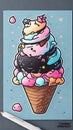 colorful, kawaii chibi iceream on pale black paper, very detailed illustration, sketch, concept art, ink outlines, smooth, AI Royalty Free Stock Photo