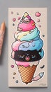 colorful, kawaii chibi iceream on pale black paper, very detailed illustration, sketch, concept art, ink outlines, smooth, AI Royalty Free Stock Photo