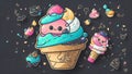 colorful, kawaii chibi iceream on pale black paper, very detailed illustration, sketch, concept art, ink outlines, smooth, AI Royalty Free Stock Photo