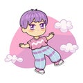 Colorful kawaii manga boy on the background of sky and clouds.