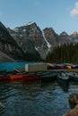 Colorful boats at Moraine Lake, Alberta, Canada