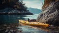 Colorful kayak near water on river beach. Summer camp activity Royalty Free Stock Photo