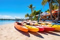 colorful kayaks lined up on a tropical beach