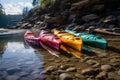 colorful kayaks on rivers sandy shore Royalty Free Stock Photo