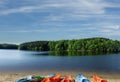 Colorful Kayaks On The Shore Of Lake Johnson, A Popular City Park In Raleigh North Carolina