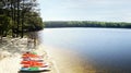 Colorful kayaks on the shore of Lake Johnson, a popular city park in Raleigh North Carolina Royalty Free Stock Photo