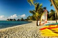 Colorful kayaks on South Pacific island beach.