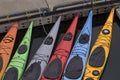 Colorful kayaks tied up at dock Royalty Free Stock Photo