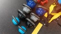 Colorful kettlebells on the floor in a gym Royalty Free Stock Photo