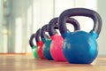 Colorful kettlebells in gym Royalty Free Stock Photo