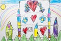 Colorful kid`s drawing of a fantastic medieval castle with heart