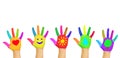 Colorful kid`s hands with heart, smile, sun, water, tree painted on palms Royalty Free Stock Photo