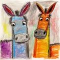 Colorful Kids Crayon Drawing Of Donkey And Donkey Sitting Together
