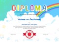 Colorful kids diploma certificate in cartoon style with sky rain