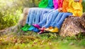 Colorful kids shoes. Children play outdoor Royalty Free Stock Photo