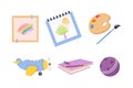 Colorful Kids Toy with Palette, Drawing, Plane, Notepad and Ball Vector Illustration Set