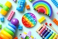 Colorful kids toys on pastel blue background. Educational preschool games, pop it, rainbow montessori arc, pyramid, building Royalty Free Stock Photo