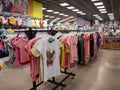 Colorful t-shirts on hangers hanging in row on hanger. Creative presentation of clothing for sale in store or on market