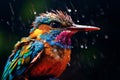 A colorful kingfisher bird in the rain with water droplets beading on its vibrant feathers. Beauty of nature concept Royalty Free Stock Photo