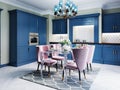 A colorful kitchen in a neoclassic style with blue furniture and green walls, a dining table with soft pink chairs