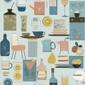 Colorful Kitchen Patterns Featuring Drinks, Utensils and Fruits Royalty Free Stock Photo