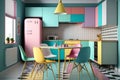 The colorful kitchen\'s contemporary design is highlighted by the addition of a vibrant dining table and chairs Royalty Free Stock Photo