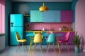 The colorful kitchen\'s modern aesthetics are elevated by the vibrant dining table and chairs Royalty Free Stock Photo