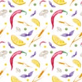 Colorful kitchen seamless pattern with products, basil, chilli pepper, wheat, mushroom and lemon on a white background