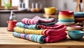 Colorful kitchen towels and dishes on a wooden table