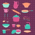 Colorful kitchen utensil set. Colorful crockery. Flat design. Templates for web Royalty Free Stock Photo