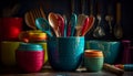 Colorful kitchenware collection on wooden table background generated by AI