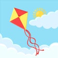 Colorful kite fly in blue sky with clouds. Summer holiday. Vector flat design Royalty Free Stock Photo