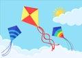Colorful kite fly in blue sky with clouds. Summer holiday. Vector flat design Royalty Free Stock Photo