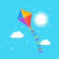 Colorful kite flying in blue sky, sun isolated on background. Summer, spring holiday, toy for child. Vector flat design Royalty Free Stock Photo