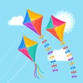 Colorful kite flying in blue sky, sun isolated on background. Summer, spring holiday, toy for child. Vector flat design Royalty Free Stock Photo