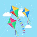 Colorful kite flying in blue sky, sun isolated on background. Summer, spring holiday, toy for child. Vector flat design Royalty Free Stock Photo