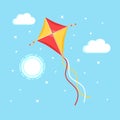 Colorful kite flying in blue sky, sun isolated on background. Summer, spring holiday, toy for child. Vector flat design Royalty Free Stock Photo