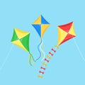 Colorful kite flying in blue sky, sun isolated on background. Summer, spring holiday, toy for child. Vector flat design Royalty Free Stock Photo