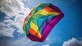 a colorful kite flying in a blue sky with white clouds Royalty Free Stock Photo