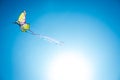 Colorful kite with long tail flying in the blue sky against the sun, copy space Royalty Free Stock Photo