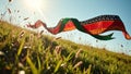 Colorful kite ribbons flying in clear blue sky over sunny meadow Royalty Free Stock Photo