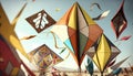 Colorful kites flying in the blue sky. Concept of travel and tourism