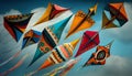 Colorful kites flying in the blue sky. 3d rendering