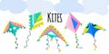 Colorful kites set on a white isolated background with clouds. Vector illustration. Royalty Free Stock Photo