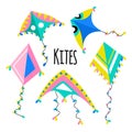 Colorful kites set on a white isolated background with clouds. Vector illustration. Royalty Free Stock Photo